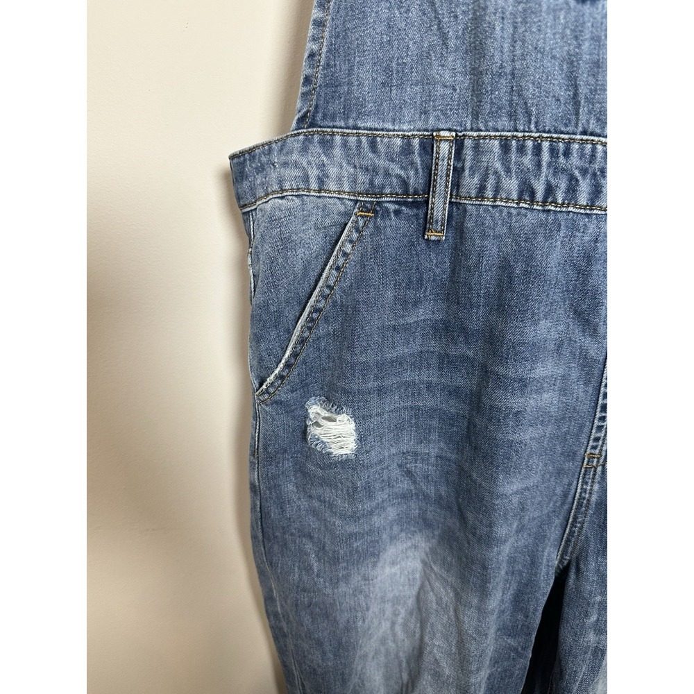 Denim Distressed Crop Overalls Jumpsuit - Blue - Picture 7 of 10